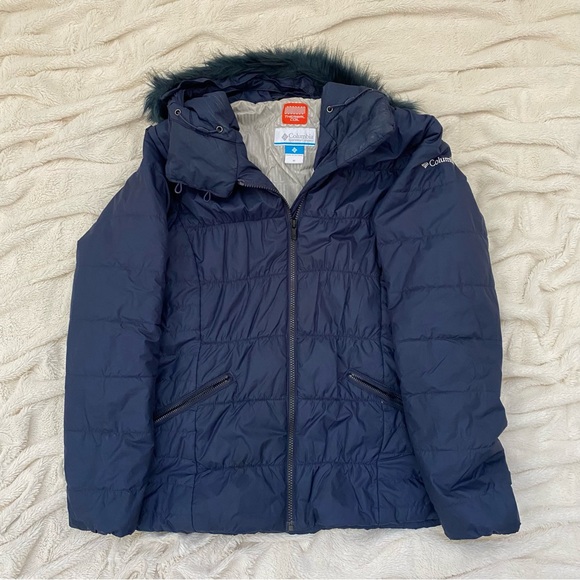 Columbia Thermal Coil insulated winter puffer jacket navy fur-lined hood Sz M - Picture 8 of 8